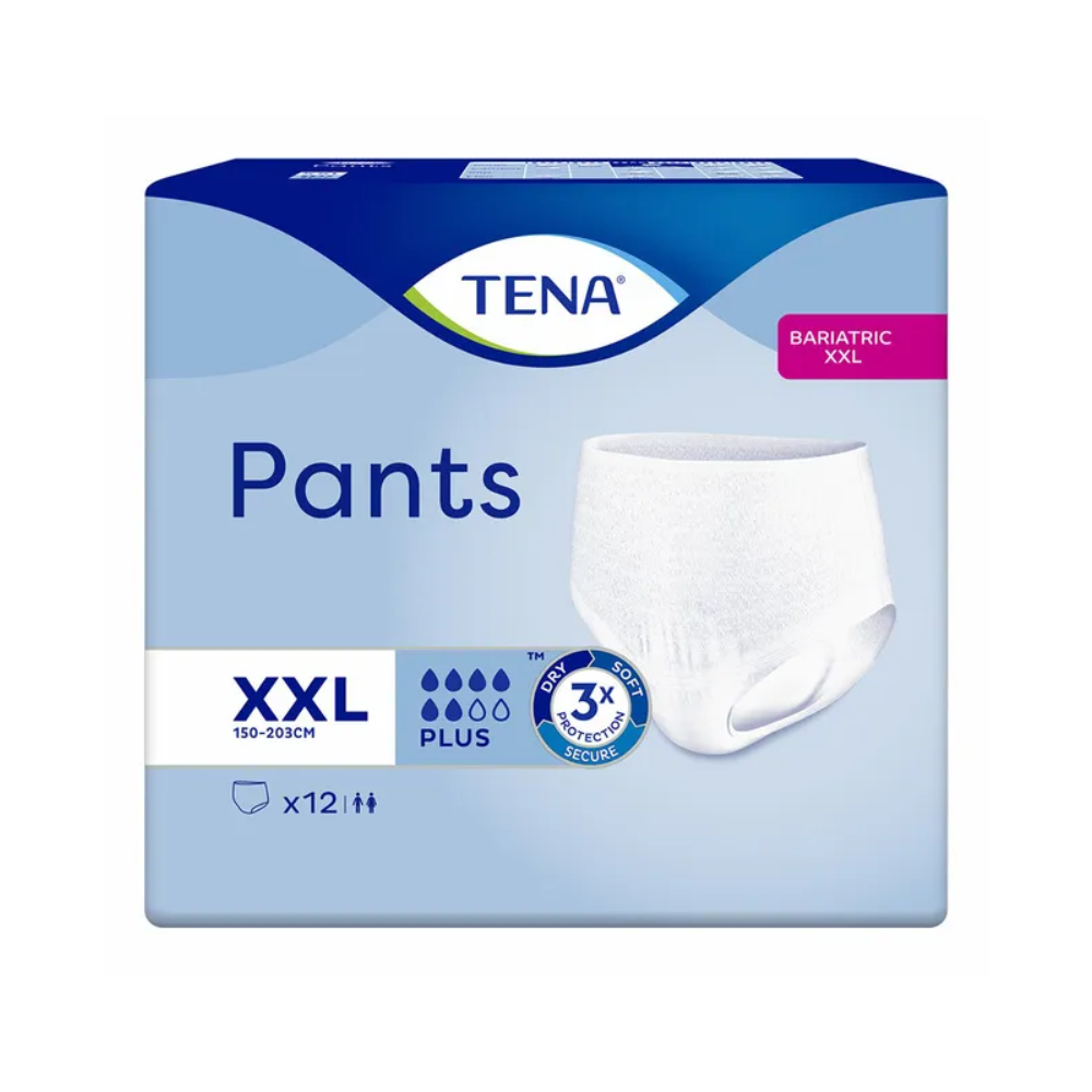 De verpakking van de TENA Pants Bariatric Plus incontinentiebroek voor obese mensen in maat XXL benadrukt bariatrische incontinentiebroeken. De blauw-witte doos toont het productbeeld en benadrukt de capaciteit voor tot 3-voudige absorptie en de pasvorm voor tailleomvang van 150 tot 203 cm, waarbij elke verpakking 12 broeken bevat.