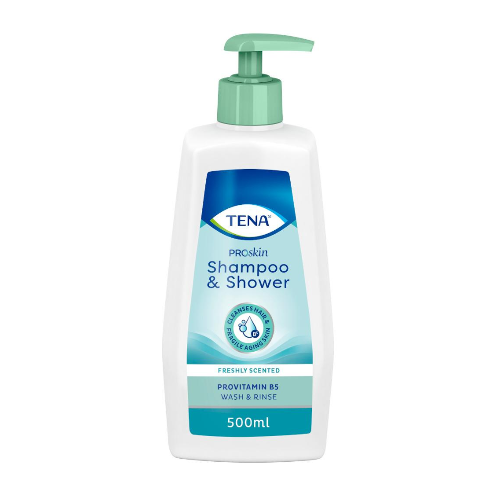 De TENA Shampoo & Shower 500 ml van Essity Germany GmbH met groene pompafsluiting is ideaal voor de gevoelige huid. De fris ruikende, met provitamine B5 verrijkte formule wordt gepresenteerd in een elegante witte verpakking met blauwe en groene accenten.