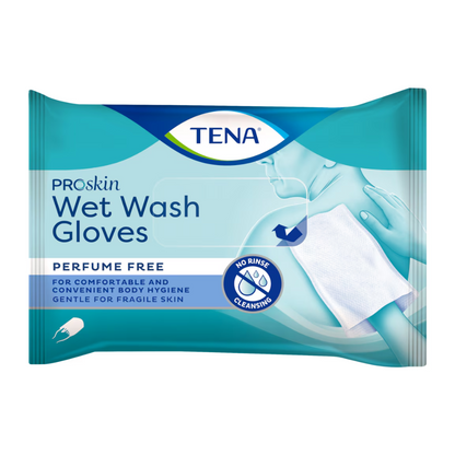 De verpakking van de TENA ProSkin Wet Wash Gloves, parfumvrije washandjes | Verpakking (8 stuks) benadrukt hun geschiktheid voor comfortabele lichaamsverzorging. De handschoenen zijn zacht voor de gevoelige huid en hoeven niet te worden uitgespoeld. Een afbeelding voor toepassingsdemonstratie vindt u op de achterkant van de blauwe verpakking.