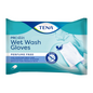De verpakking van de TENA ProSkin Wet Wash Gloves, parfumvrije washandjes | Verpakking (8 stuks) benadrukt hun geschiktheid voor comfortabele lichaamsverzorging. De handschoenen zijn zacht voor de gevoelige huid en hoeven niet te worden uitgespoeld. Een afbeelding voor toepassingsdemonstratie vindt u op de achterkant van de blauwe verpakking.