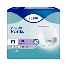 Eine Packung TENA Proskin Pants Maxi Inkontinenzpants, hergestellt von TENA – Essity Germany GmbH, eignet sich ideal zur Behandlung von Blasenschwäche. Erhältlich in Größe M, zeigt die blaue Verpackung das Produktbild und hebt „FeelDry“, „ProSkin“ und „MAXI“-Saugfähigkeit hervor. Jede Packung enthält 10 Inkontinenzpants, die für Hüftgrößen von 80-110 cm ausgelegt sind.