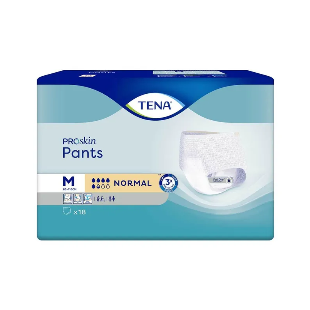 De afbeelding toont een pak TENA Proskin Pants Normal incontinentiebroeken van TENA - Essity Germany GmbH, gemaakt voor mensen met blaaszwakte. De blauw-witte verpakking staat voor middelgrote maat, normaal absorptievermogen voor volwassenen en bevat 18 stuks.