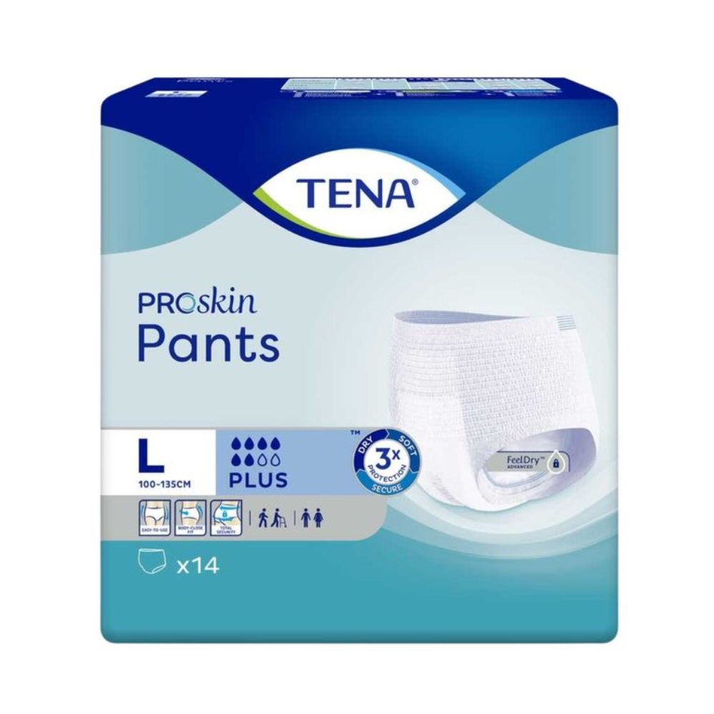 De verpakking van de TENA ProSkin Pants Plus incontinentiebroekjes in blauw en wit, ontworpen voor tailleomvang 100-135 cm in maat Large (L), beschikt over een vochtverminderende technologie met Plus-absorptie. Deze verpakking van 14 comfortabele incontinentiebroekjes van TENA – Essity Germany GmbH zorgt door de geavanceerde FeelDry-technologie voor droogheid en veiligheid.