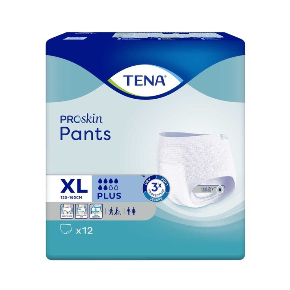 De TENA Proskin Pants Plus incontinentiebroekjes in maat XL (120-160 cm) beschikken over een 3-voudige absorptie en zijn daarmee perfect voor personen met een grote maat. Deze verpakking van 12 stuks bevat een vochtverminderende technologie met een FeelDry-laag, die ervoor zorgt dat deze incontinentiebroekjes uitzonderlijk comfort en droogheid bieden.