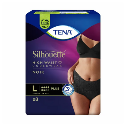 Verpakking met TENA Silhouette Plus Noir incontinentiebroekjes van TENA - Essity Germany GmbH. De afbeelding toont de buik van een vrouw die deze discrete onderkleding draagt ter bescherming van de blaas. Op de verpakking staat maat Large (EU 44-54/UK 16-22) aangegeven en het bevat 8 stuks, die effectieve bescherming bieden bij blaaszwakte.