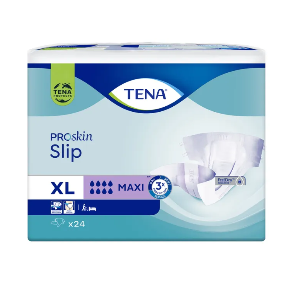 Eine Packung TENA Slip Maxi Inkontinenzvorlage mit Hüftbund, angeboten von TENA - Essity Germany GmbH in XL-Größe, bietet „Maxi“-Saugfähigkeit und beinhaltet die „FeelDry“-Technologie. Sie ist mit Auslaufschutz für zusätzliche Sicherheit ausgestattet und enthält 24 Stück pro Packung. Die Packung ist in einem blau-grünen Farbschema mit Windelbildern gestaltet.