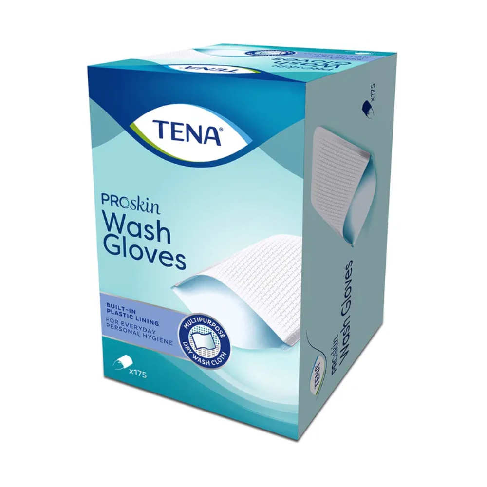 De afbeelding toont een doos TENA Wash Gloves washandjes van TENA - Essity Germany GmbH met een blauw-wit ontwerp dat de latexvrije kunststofvoering voor lichaamsreiniging benadrukt. De verpakking geeft aan dat er 175 handschoenen in zitten, perfect voor persoonlijke hygiëne.