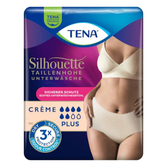 Een verpakking TENA Silhouette Plus crème incontinentiemetjes van TENA – Essity Germany GmbH, afgebeeld met een vrouw die het product demonstreert. De verpakking biedt betrouwbare bescherming, drievoudige geurbestrijding en extra absorptievermogen bij urineverlies.