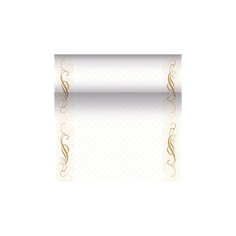 Een decoratieve certificaatsjabloon uit de PAPSTAR „ROYAL Collection“ benadrukt een achtergrond met kleurverloop met versierde gouden randen, die elegante, draaiende bloemenpatronen vertonen. Het centrale gebied is vrijgelaten voor tekst of individuele aanpassing en straalt een verfijnde uitstraling uit, die doet denken aan de ontwerpen van de PAPSTAR tafelloper stofachtig PV-Tissue Mix.