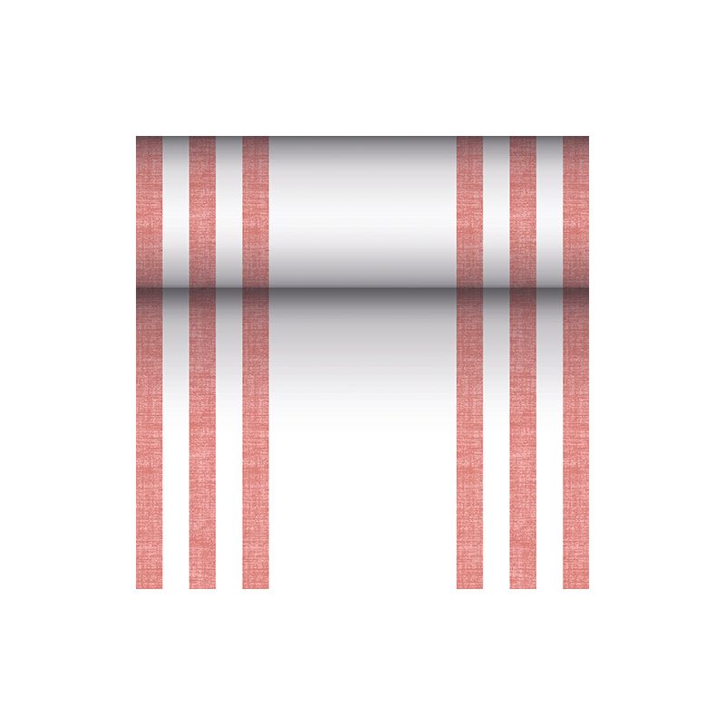 De tafelloper stofachtig PV-Tissue Mix "ROYAL Collection" van PAPSTAR GmbH in de afmetingen 24 m x 40 cm valt op door een opvallend ontwerp van zes verticale rode lijnen, aangevuld met een centrale horizontale kleurverloop van zwart naar wit op een smetteloze witte achtergrond.