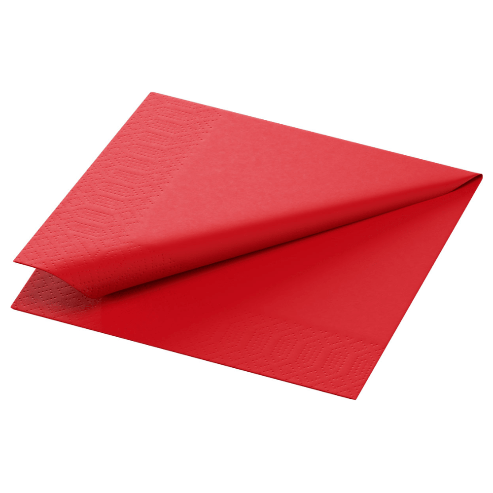 Een gevouwen rode tissue-servet in het formaat 24 x 24 cm van Duni GmbH wordt gepresenteerd tegen een eenvoudige witte achtergrond en benadrukt het verfijnde 3-laags ontwerp met een subtiel reliëfpatroon langs de randen.