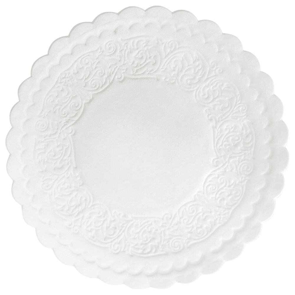 Een ronde, witte onderzetter van tissue van Duni GmbH met een diameter van 9 cm, meerdere lagen en gegolfde randen, evenals rijkelijk geperste patronen aan de rand. Dit product wordt geleverd in een verpakking van 500 stuks.