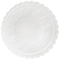 Een ronde, witte onderzetter van tissue van Duni GmbH met een diameter van 9 cm, meerdere lagen en gegolfde randen, evenals rijkelijk geperste patronen aan de rand. Dit product wordt geleverd in een verpakking van 500 stuks.
