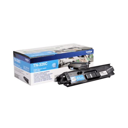 Een cyaankleurige tonercartridge van Brother Toner voor Brother HL-L8250/MFC-L8600 naast de verpakkingsdoos, die afbeeldingen en productspecificaties bevat.