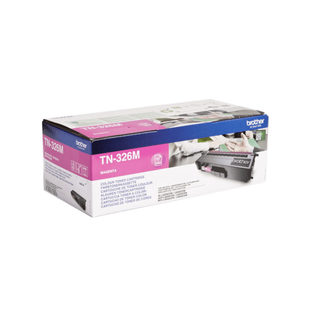Een doos met magenta tonercartridge Brother TN-326M voor een witte achtergrond met product- en merkinformatie, geschikt voor de printers HL-L8250/MFC-L8600.