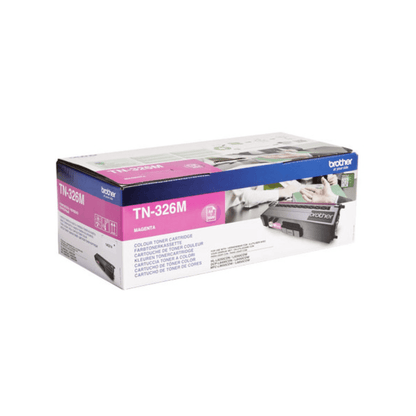 Een doos met magenta tonercartridge Brother TN-326M voor een witte achtergrond met product- en merkinformatie, geschikt voor de printers HL-L8250/MFC-L8600.