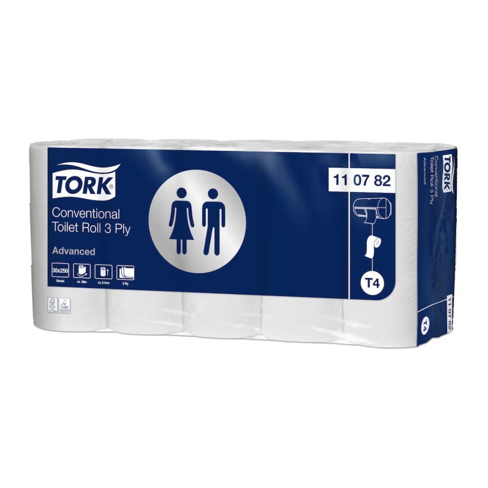 Een karton Tork 110782 extra zacht kleinrol-toiletpapier Advanced T4 bevat 30 rollen. De verpakking is overwegend in de kleuren blauw en wit gehouden en wijst met de symbolen van een man en een vrouw op het gebruik als badkamerproduct. Op het etiket staat "3-laags extra zacht toiletpapier", wat zowel comfort als kwaliteit garandeert.
