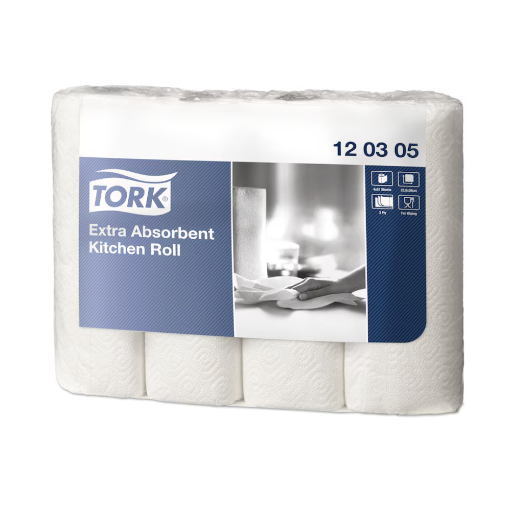 Een doos Tork 120305 extra-absorberende keukenrol Premium 3-laags, geproduceerd door TORK – Essity Professional Hygiene Germany GmbH, bevat 48 rollen. De overwegend witte verpakking met blauwe accenten toont een productafbeelding, een logo en gebruikssymbolen. Het etiket „120305“ benadrukt het extra absorberende ontwerp.