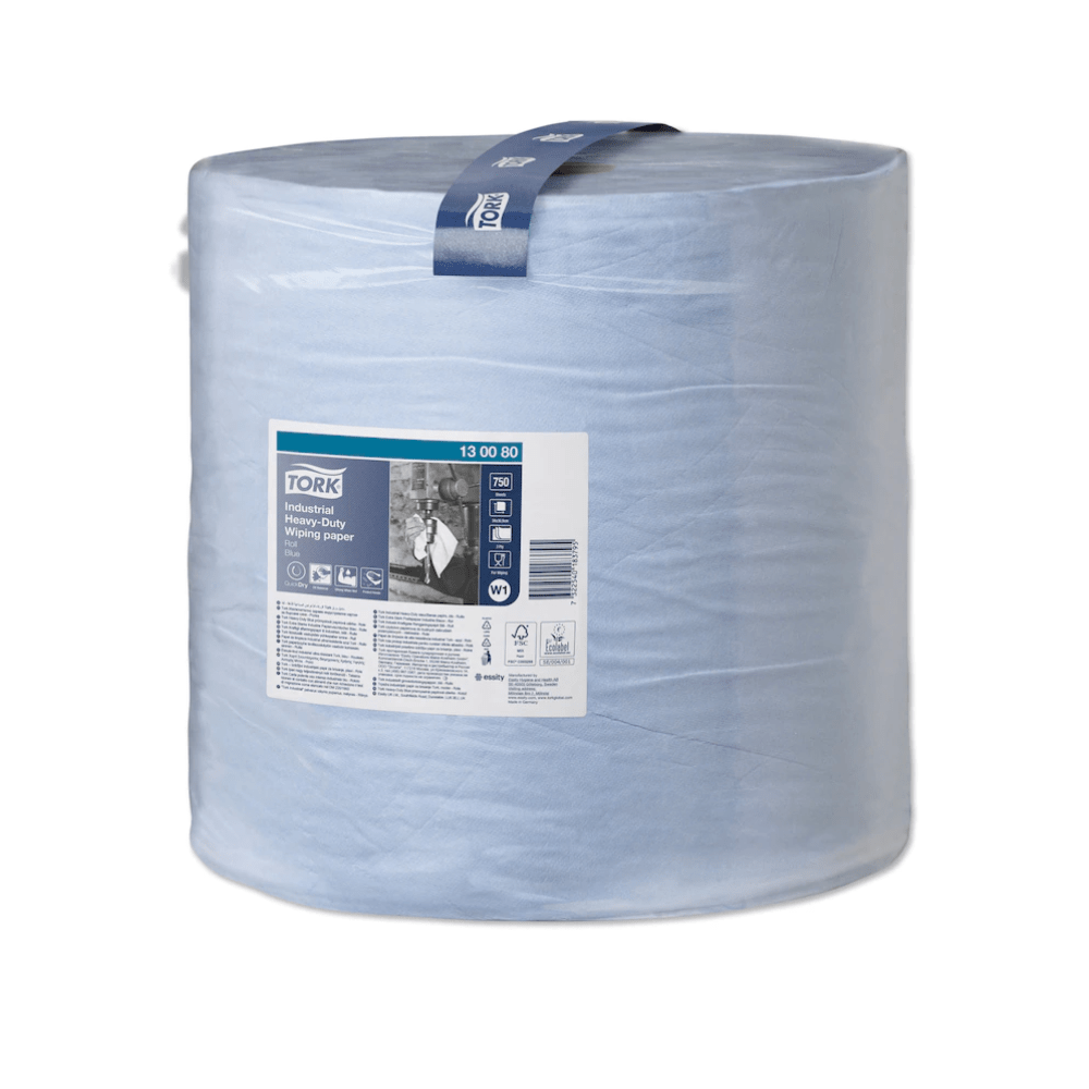 De Tork 130080 Premium Hoogwaardige Industriepoetsrol in lichtblauw en kunststofverpakking bevat een 3-laags ontwerp etiket met productdetails en een afbeelding van een arbeider. Merk: TORK - Essity Professional Hygiene Germany GmbH.