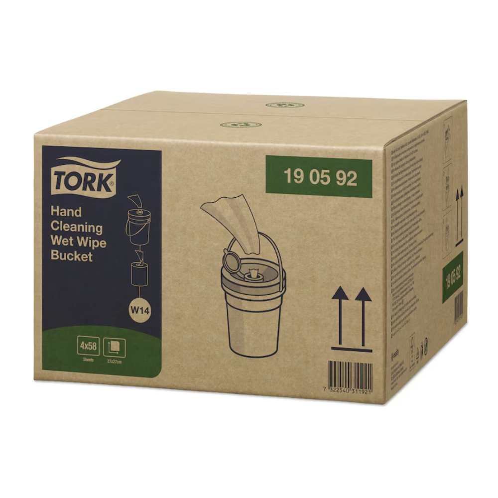 De karton Tork 190592 vochtige handreinigingsdoekjes Premium W14 1-laags van TORK – Essity Professional Hygiene Germany GmbH, bevat vier emmers en toont een afbeelding van een vochtige doekjesemmer evenals productdetails voor waterloze handreiniging, alles in professionele kwaliteit.