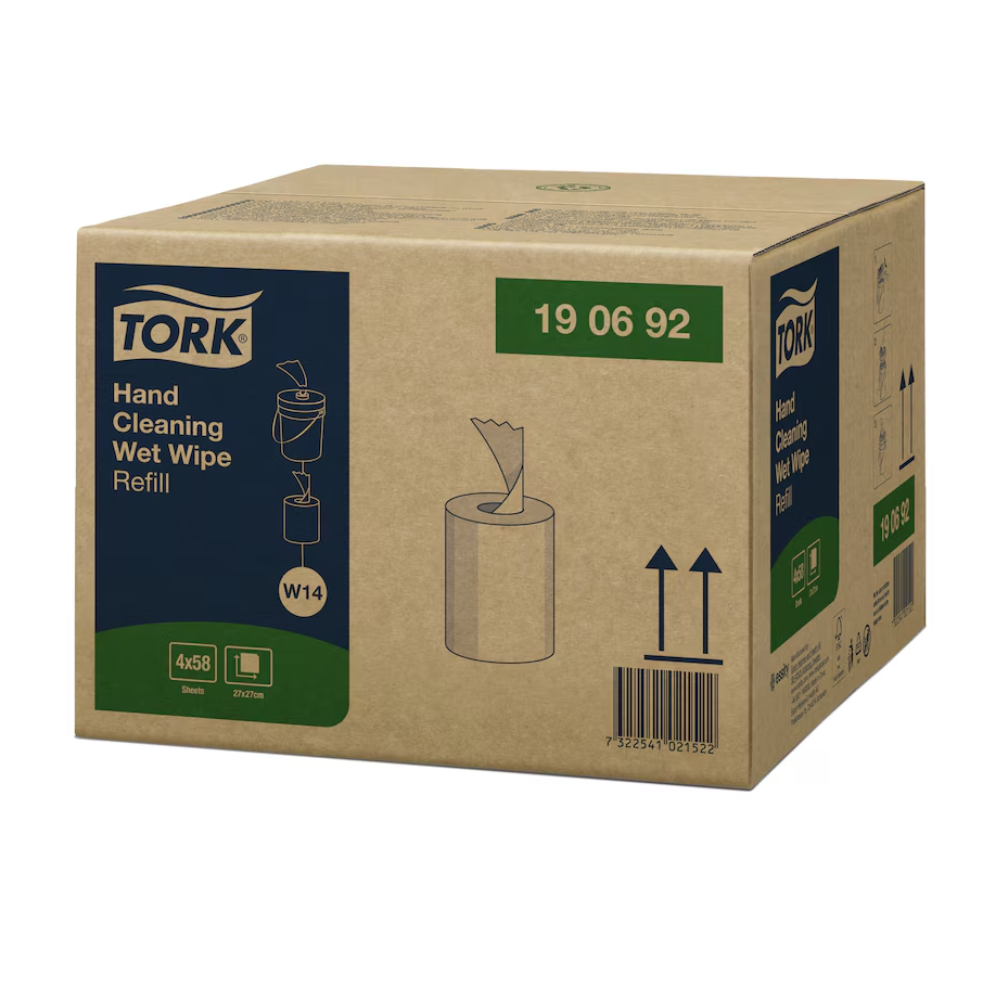 Doosverpakking Tork 190692 Vochtige Handreinigingsdoekjes Navulling Premium W14 1-laags van TORK - Essity Professional Hygiene Germany GmbH | Doos (4 verpakkingen). De doos toont een eenvoudige lijntekening van een vochtige doekjesdispenser en bevat productdetails zoals grootte en hoeveelheid. Ideaal voor het verwijderen van olie en vuil, de barcode en de richtingspijlen zijn duidelijk zichtbaar.