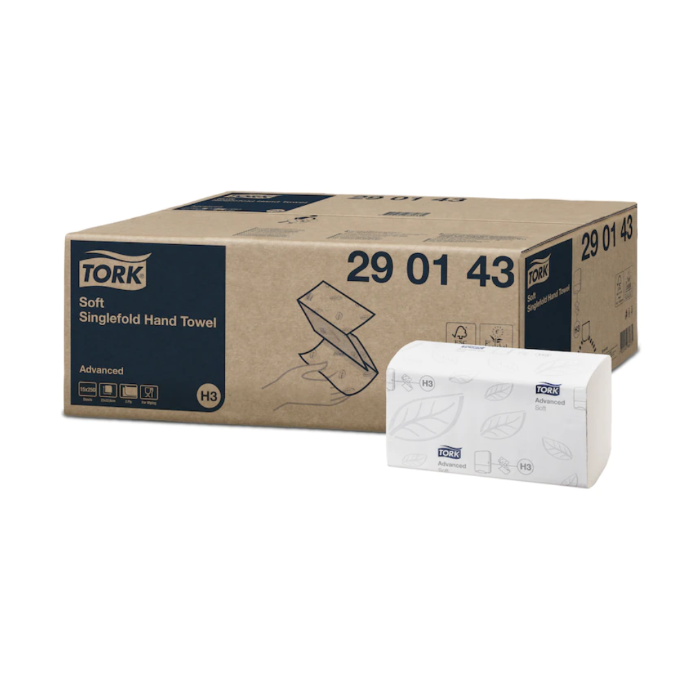 Een doos Tork 290143 zachte zigzag-handdoeken Advanced H3 2-laags wordt naast een open verpakking met bladdesign tentoongesteld. De doos met het modelnummer 29 01 43 heeft een blauw-beige kleurenschema dat ideaal past bij de Advanced H3 Tork dispenseropstelling.