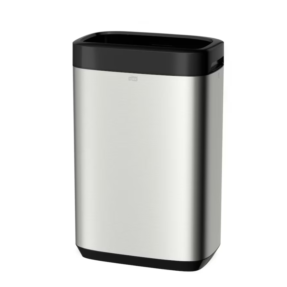 Der Tork 460011 Tork Abfallbehälter Image Line, präsentiert von TORK – Essity Professional Hygiene Germany GmbH, ist ein schlanker und minimalistischer rechteckiger Mülleimer aus Edelstahl mit schwarzem Deckel und Boden. Sein Edelstahl-Design bietet Platz für ein beachtliches Fassungsvermögen von 50 Litern, kombiniert Stil mit Funktionalität und verfügt über einen kleinen Griff zum einfachen Öffnen.