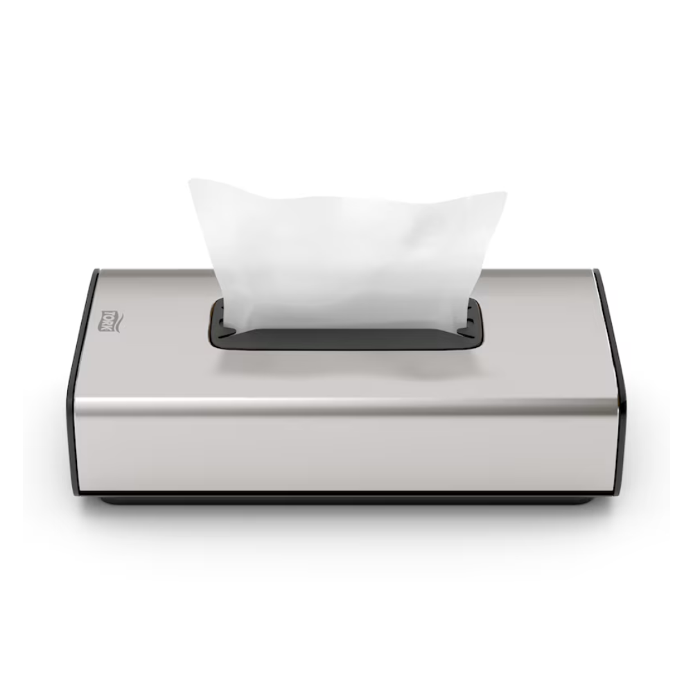 Wij presenteren de Tork 460013 dispenser voor cosmetische tissues Image Line F1 van Essity Professional Hygiene Germany GmbH. Deze elegante zilveren tissue-dispenser valt op door een modern rechthoekig ontwerp met een roestvrijstalen afwerking. Hij beschikt over een functie voor het uitnemen van enkele vellen, waarmee een wit tissue gedeeltelijk uit de bovenste opening kan worden getrokken, en zijn minimalistische uiterlijk maakt hem ideaal voor cosmetische tissues.