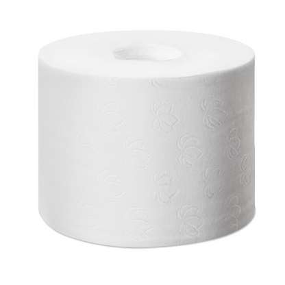 Een grote, cilindrische rol Tork 472139 Optiserve extra zacht Premium T7 kernloos Midi-Toiletpapier met een delicaat floraal reliëfpatroon is schijnbaar ongebruikt op een witte achtergrond te zien.