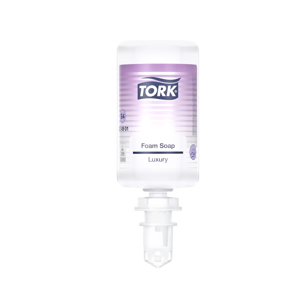 Een doorzichtige Tork 524901 Luxe Schuimzeep Premium S4 (1000 ml) fles met paarse etiket en witte dispenserdop staat ondersteboven, geïsoleerd op wit, afgebeeld en zorgt voor een aangename handwaservaring. Merk: TORK – Essity Professional Hygiene Germany GmbH.