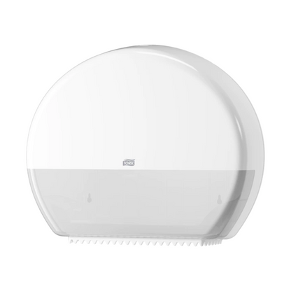 De Tork 554000 dispenser voor jumbo-toiletpapier Elevation T1, geproduceerd door TORK – Essity Professional Hygiene Germany GmbH, is een wandgemonteerde witte toiletpapierdispenser met een doorschijnend deksel, ideaal voor drukbezochte toiletruimtes. Hij heeft een cirkelvormig ontwerp met een gebogen bovenkant en een gekartelde rand aan de onderkant, die ruimte biedt voor jumbo-toiletrollen en tegelijkertijd inzicht biedt in het interieur.