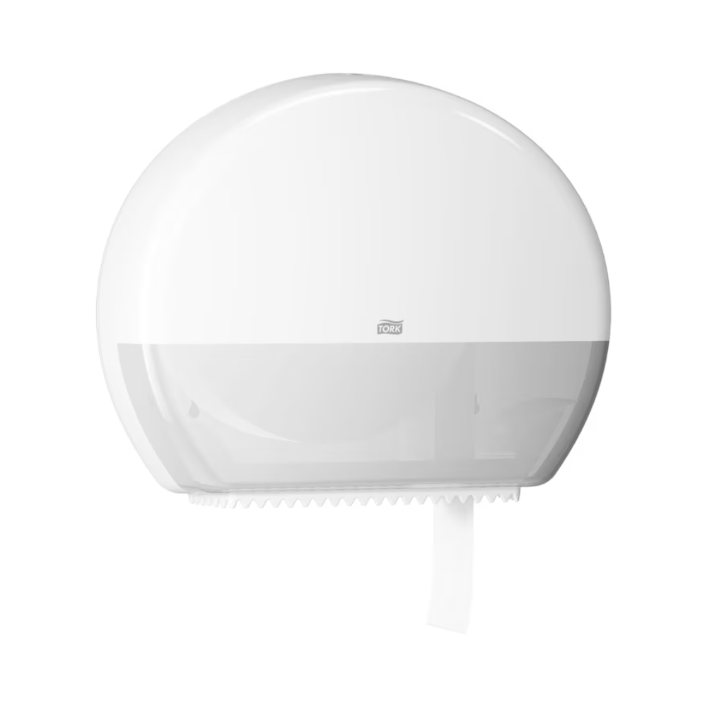 De Tork 554000 dispenser voor jumbo-toiletpapier Elevation T1 van TORK, geleverd door Essity Professional Hygiene Germany GmbH, is een witte, wandgemonteerde toiletpapierdispenser met een doorschijnend onderste deel. Hij is ontworpen voor drukbezochte toiletruimtes (toiletruimtes met een hoge bezoekersfrequentie) om de jumbo-toiletrol binnenin efficiënt te monitoren.