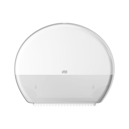 De Tork 554000 dispenser voor jumbo-toiletpapier Elevation T1 van Essity Professional Hygiene Germany GmbH is een ronde, witte kunststofdispenser voor jumbo-toiletpapier met een doorschijnende onderste helft, ideaal voor toiletruimtes met veel bezoekers. Zijn gladde buitenkant heeft in het midden een klein logo, dat een eenvoudige monitoring van het papierniveau binnenin mogelijk maakt.