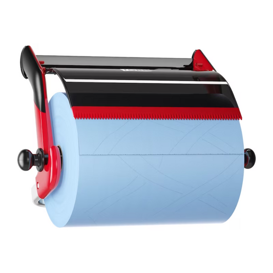 Ein rot-schwarzer, wandmontierter Papiertuchspender mit einer großen Rolle blauen Papierhandtuchs. Der Tork 652108 Rollenspender Wandhalterung Performance W1 | Packung (1 Stück) von TORK verfügt über eine gezackte Schneide zum einfachen Abreißen des Papierhandtuchs. Das Design wirkt robust und funktional für professionelle Reinigungs- oder Hygienezwecke.