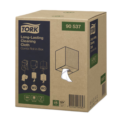 Een karton met Tork 90537 Duurzame Reinigingsdoeken Premium W1 W2 W3 van TORK – Essity Professional Hygiene Germany GmbH, met productdetails en gebruiksaanwijzing. De dispenseropening biedt zicht op een wit, pluisvrij reinigingsdoek waarop het modelnummer 90537 duidelijk te herkennen is aan de boven- en zijkant.