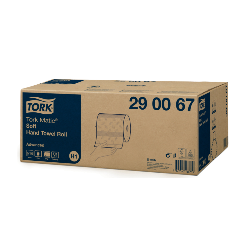 Er wordt een doos met Tork Matic® 290067 zacht rolhanddoek Advanced H1 2-laags tentoongesteld. De doos is voorzien van een blauw-wit etiket met productdetails en een afbeelding van een papieren handdoekrol. De productcode '290067' is duidelijk zichtbaar en wijst op de geavanceerde functies voor handen drogen die TORK – Essity Professional Hygiene Germany GmbH biedt.