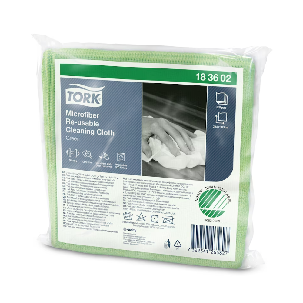Afgebeeld is een verpakking herbruikbare Tork microvezel-reinigingsdoeken in verschillende kleuren, aangeboden door TORK – Essity Professional Hygiene Germany GmbH. Aan de voorkant zijn productinformatie, een afbeelding van handen die de doek gebruiken en een barcode te zien. Deze eenvoudige doeken zijn ontworpen voor efficiënte reinigingsdoeleinden en worden geleverd in een doos met 8 verpakkingen.