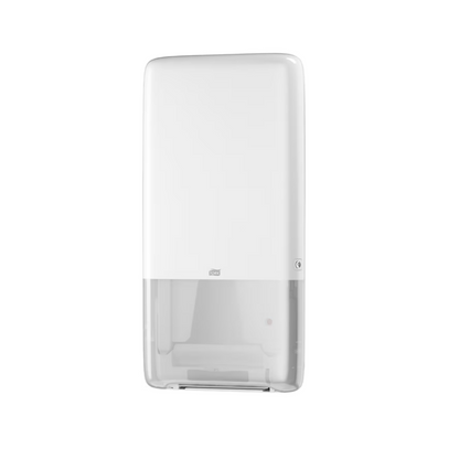 De Tork PeakServe® 552500 dispenser voor eindeloze handdoeken Elevation H5 van TORK - Essity Professional Hygiene Germany GmbH is een witte, aan de muur gemonteerde dispenser met een transparante onderkant voor eenvoudige rolcontrole. Het eenvoudige, moderne ontwerp maakt het perfect voor drukbezochte toiletten en zorgt voor een naadloze beschikbaarheid van eindeloze handdoeken.