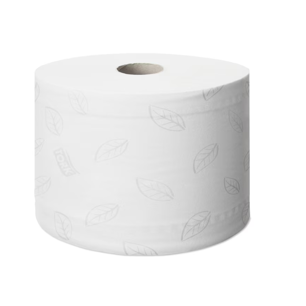 Een Tork SmartOne® toiletpapierrol met een subtiel decoratief bladmuster wordt gepresenteerd tegen een eenvoudige achtergrond. Dit product van TORK – Essity Professional Hygiene Germany GmbH biedt hygiënische enkelveluitname en zorgt ervoor dat elk vel onaangeraakt en intact blijft.