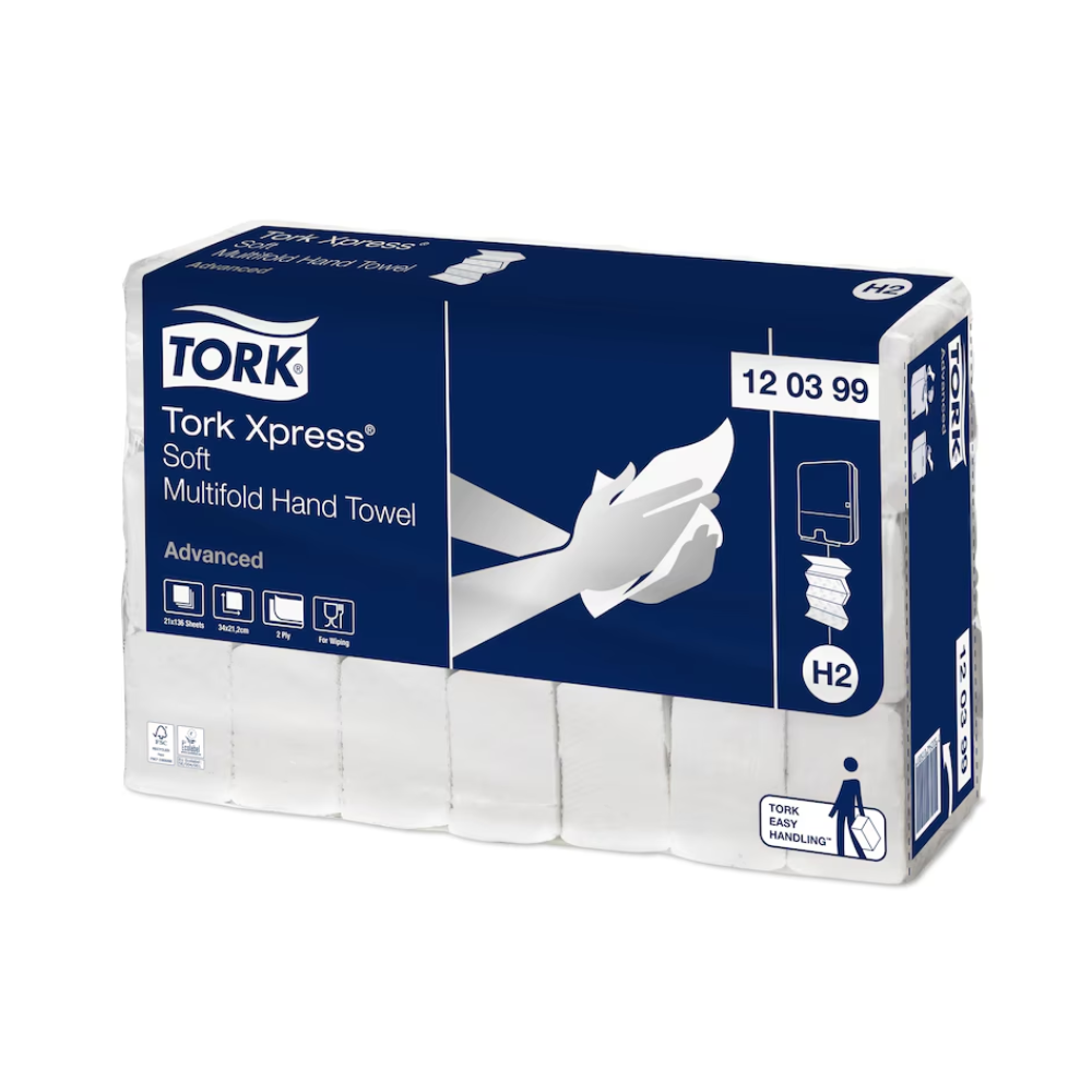 Pakket met Tork Xpress® 120399 Soft Multifold-handdoek, uitgelicht in blauw-witte verpakking met een afbeelding van handen en een handdoekdispenser. Het draagt de aanduiding 'Advanced H2' en bevat 21 pakketten van gerecyclede vezels.