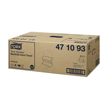 Abgebildet ist ein Karton mit Tork Xpress® 471093 Multifold-Handtüchern Universal H2 1-lagig von TORK – Essity Professional Hygiene Germany GmbH. Der Karton ist mit Produktinformationen wie der Artikelnummer beschriftet und weist Abbildungen und Symbole von Universal H2 sowie einen Barcode an der Seite auf.
