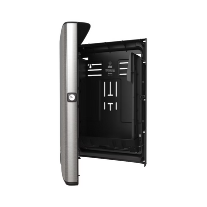 De door Essity Professional Hygiene Germany GmbH aangeboden Tork Xpress® 460004 dispenser voor vouwhanddoeken uit de Image Line H2-collectie heeft een open en lege behuizing met een modern verticaal ontwerp en een CO2-neutrale metalen afwerking aan de linkerkant. Het zwarte interieur is voorzien van compartimenten en ventilatieopeningen en wordt aangevuld door een klapdeur die de functionaliteit verhoogt.