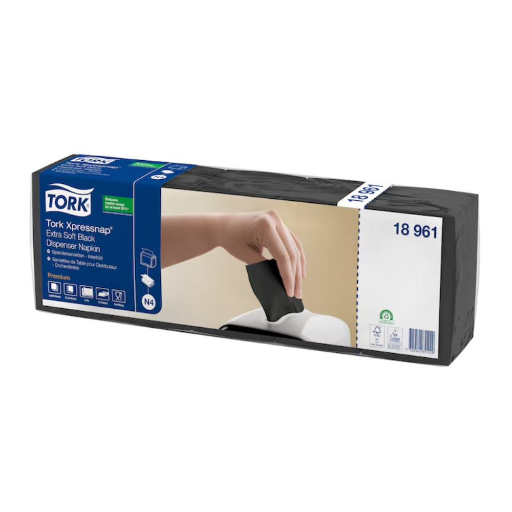 De afbeelding toont een verpakking van de Tork Xpressnap® 15850 Extra Soft Dispenserservet N4 2-laags en benadrukt de premiumkwaliteit. Een foto toont een hand die vakkundig een servet uit de dispenser trekt, wat het servettenverbruik moet verminderen. De verpakking bevat informatie over acht pakketten per doos en is verbonden met het merk TORK – Essity Professional Hygiene Germany GmbH.