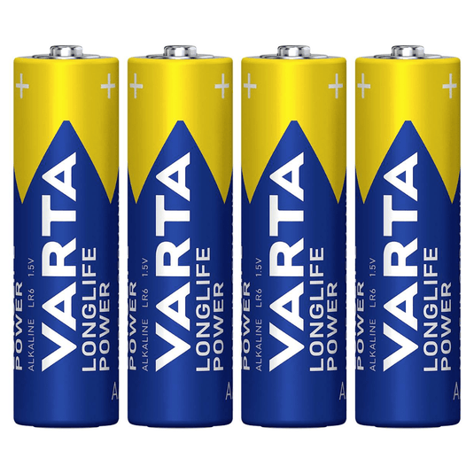 Vier Varta AG Industrial Pro Mignon AA-batterijen, verticaal op een rij geplaatst, met blauwe en gele merkstickers.