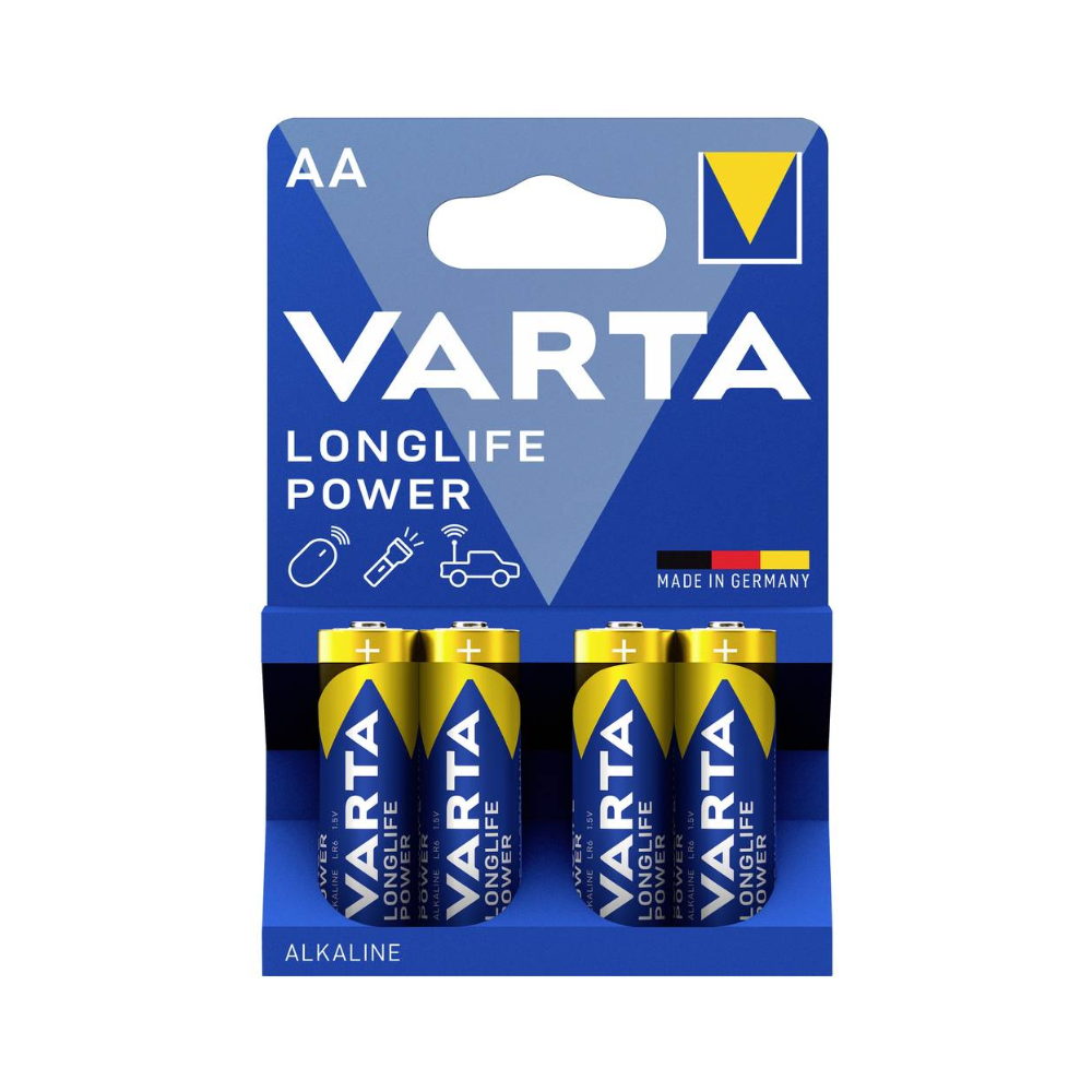 Een 4-pack Varta Longlife Power 4906 AA LR6-batterijen van Varta AG in blauwe en gele folieverpakking - "Made in Germany" - met symbolen voor afstandsbedieningen, auto's en speelgoed; perfect voor apparaten met een hoog stroomverbruik.