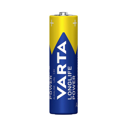 Een verpakking met 4 Varta Longlife Power 4906 AA batterijen van Varta AG, in blauw en geel design, staat op een witte achtergrond. Perfect voor apparaten met een hoge energiebehoefte, toont de verpakking merk en productdetails.