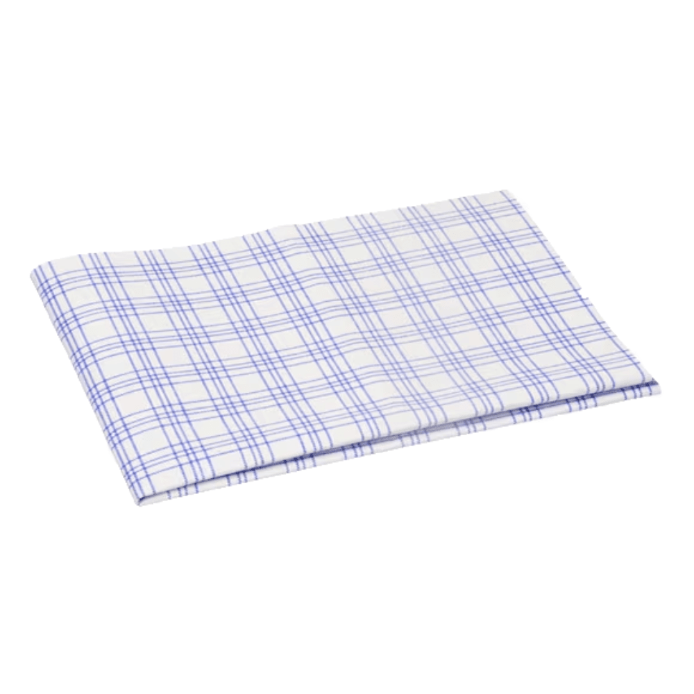 Deze Vileda microvezel theedoek met blauw ruitpatroon op gevouwen witte stof garandeert streeploos schoonmaken. Het wordt geleverd in een set van 3 door Vileda GmbH.
