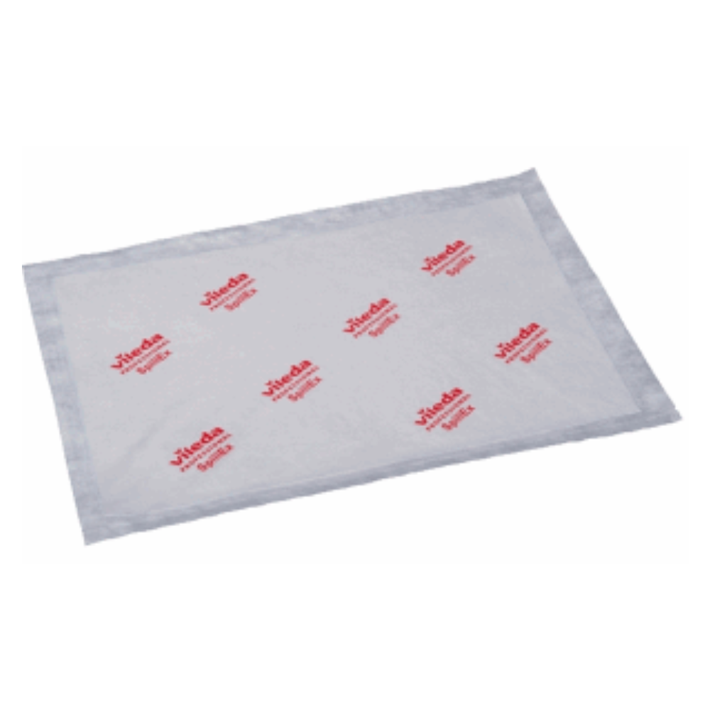 Een rechthoekige reinigingsdoek van Vileda GmbH met een witte bovenkant, rode logo's en de herhaaldelijk afgedrukte tekst 'Vileda Professional' en 'Microclean'. De grijs omrande randen verbeteren duurzaamheid en hygiëne, omdat de doek aan gammastraling wordt onderworpen om optimale hygiëne te waarborgen. Dit speciale product staat bekend als Vileda Professional Bodendoek Spillex CE Gamma Bestraald 51x37cm.