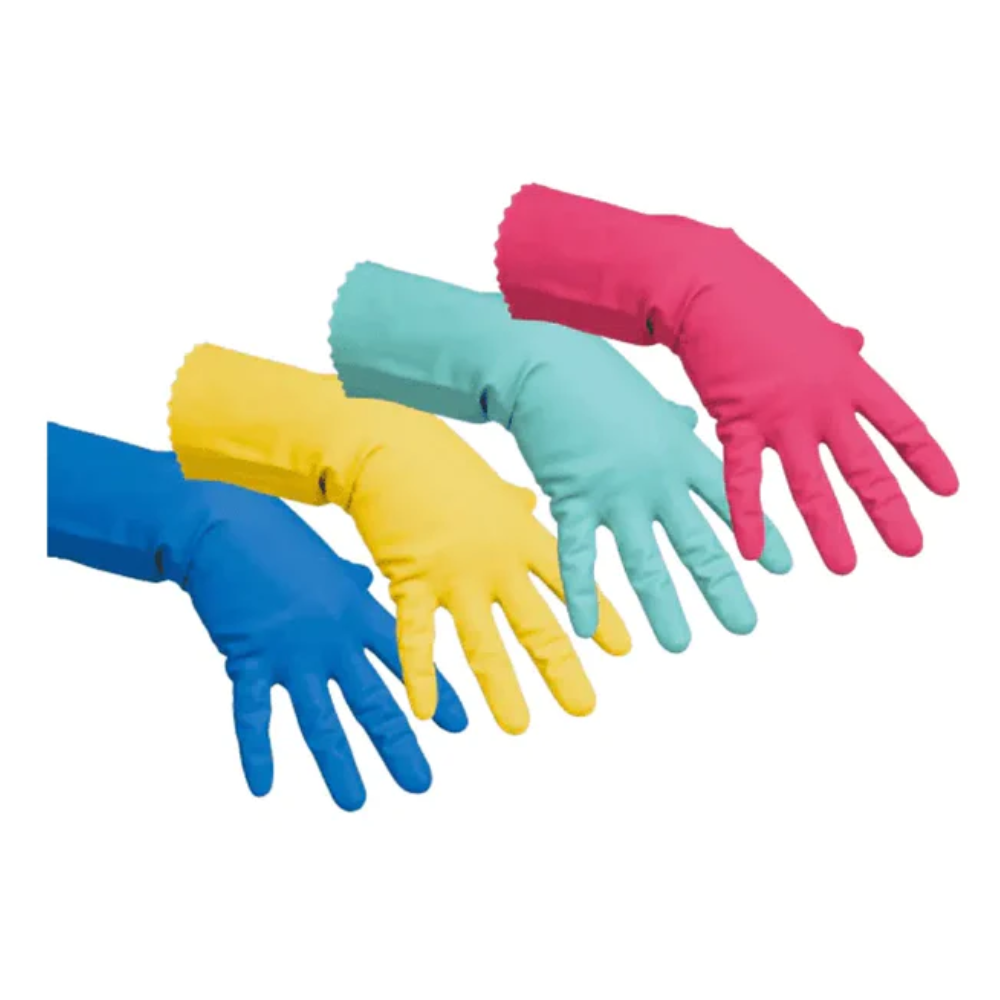 Vier professionele multifunctionele handschoenen van Vileda GmbH, bekend als 'De Fijne Allroundhandschoen', worden gepresenteerd in opvallende kleuren - Blauw, Geel, Groen en Roze. De handschoenen zijn in een rij gerangschikt, met uitgestrekte vingers naar beneden gericht op een vlekkeloze witte achtergrond, ideaal voor schoonmaaktaken.