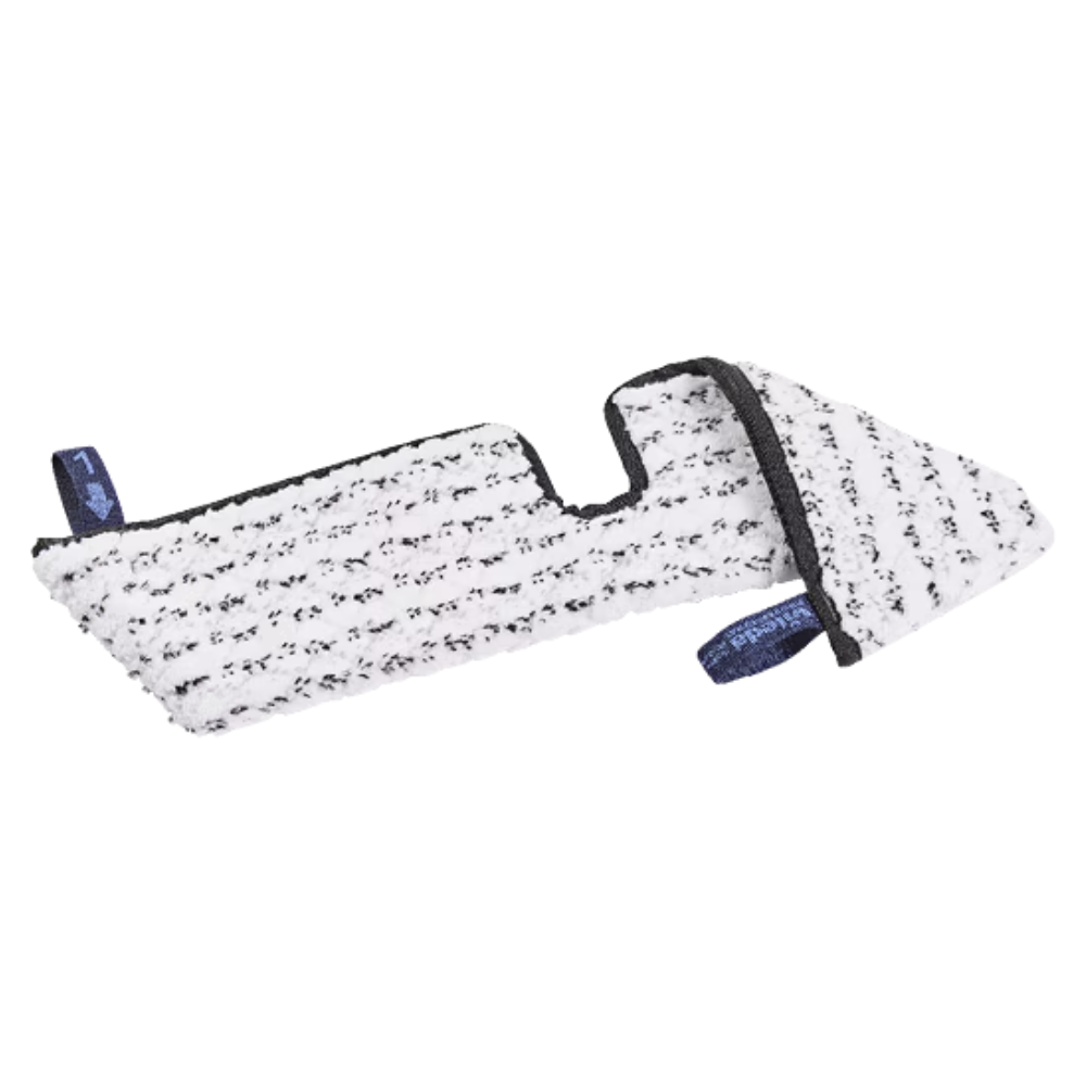 De Vileda Professional Swep Duo HygienePlus Mop van Vileda GmbH is een wit-zwart gestructureerd reinigingspad in rechthoekige vorm met een inkeping en twee blauwe scheurlippen, dat zorgt voor optimale prestaties en effectieve reinigingsresultaten bij elk gebruik.